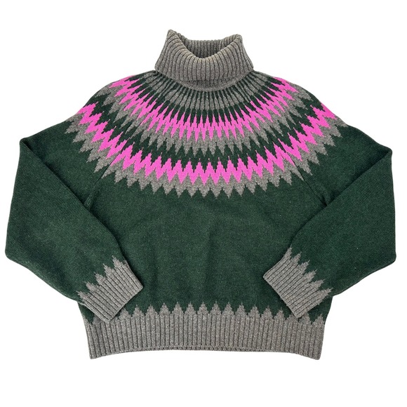Jumper Sz 2/M Wool Cashmere Turtleneck Sweater Fair Isle Pattern Green Pink Gray - Picture 1 of 9